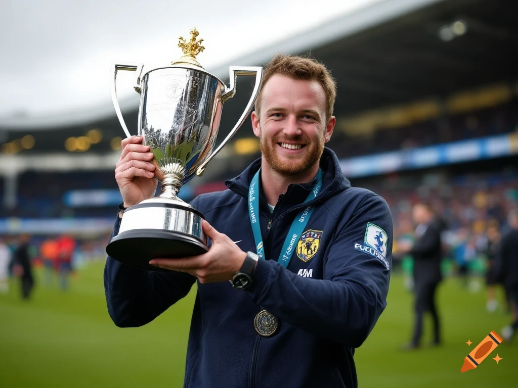 Man holding a silver trophy in a stadium