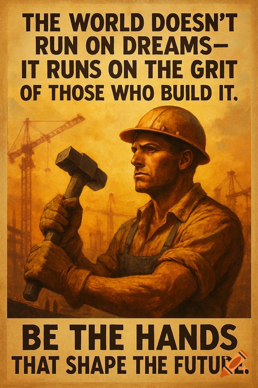 Vintage style poster of a construction worker holding a hammer with cranes in the background and motivational text.