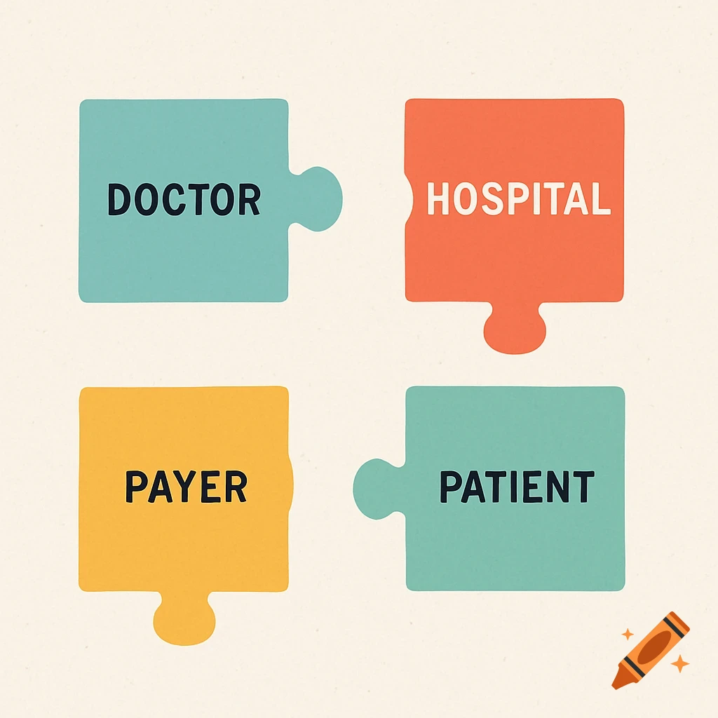 Four colorful puzzle pieces with words Doctor, Hospital, Payer, Patient.