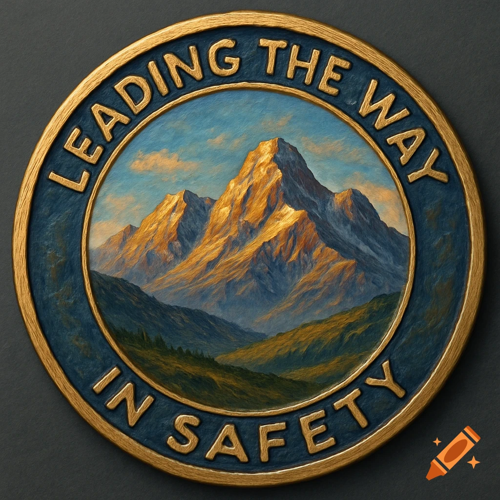A gold and blue challenge coin featuring a painted mountain scene in the center and the text 'LEADING THE WAY IN SAFETY'.