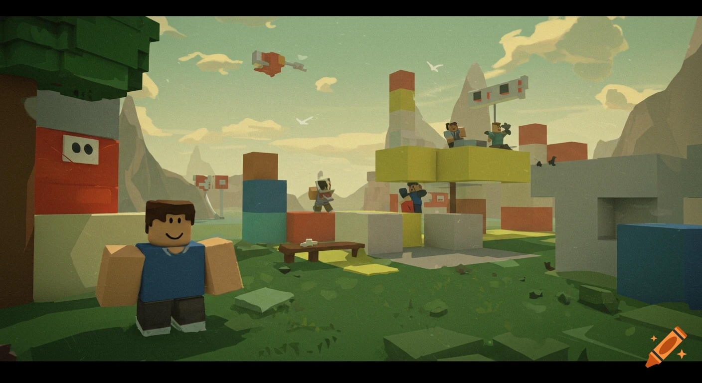 Stylized blocky characters playing in a game world built of blocks.