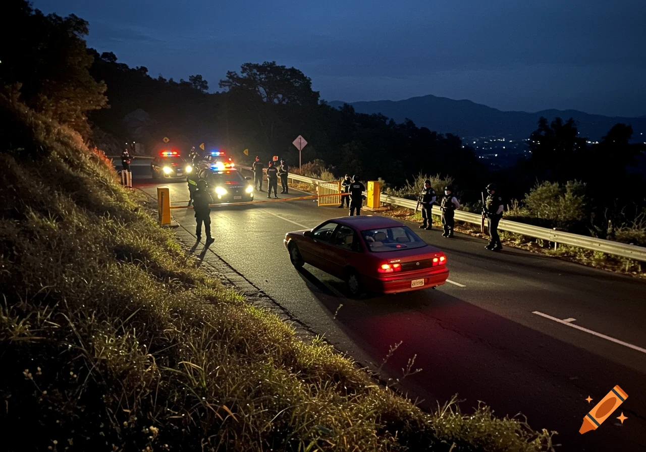 Police cars and officers are at a road barricade at night with a red car stopped.