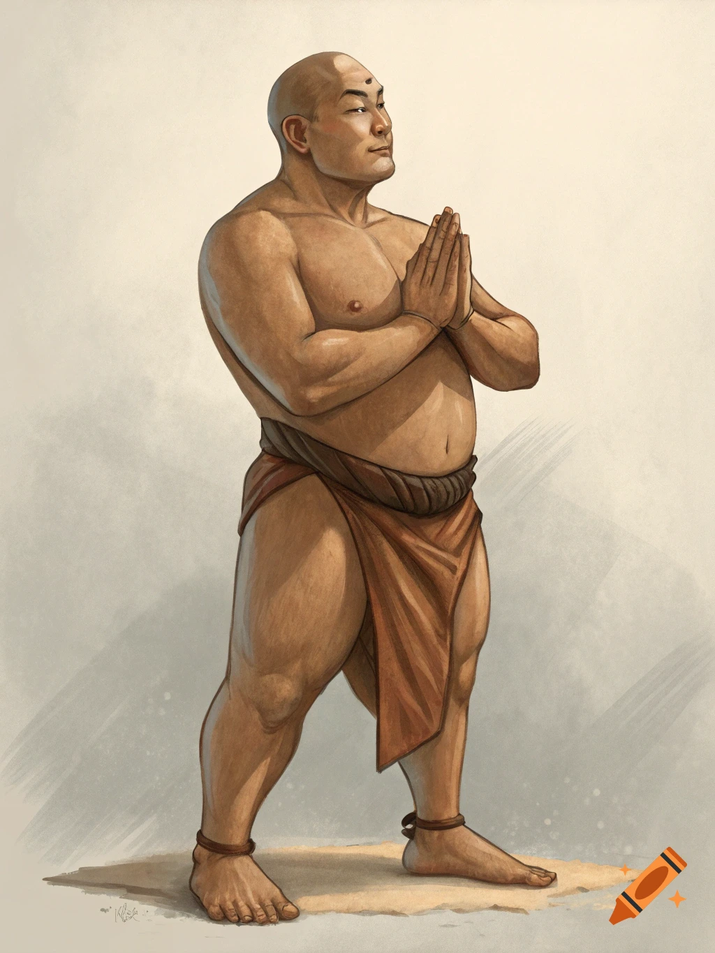 Illustration of a bulky bald man in a simple wrap, standing in a prayer pose.