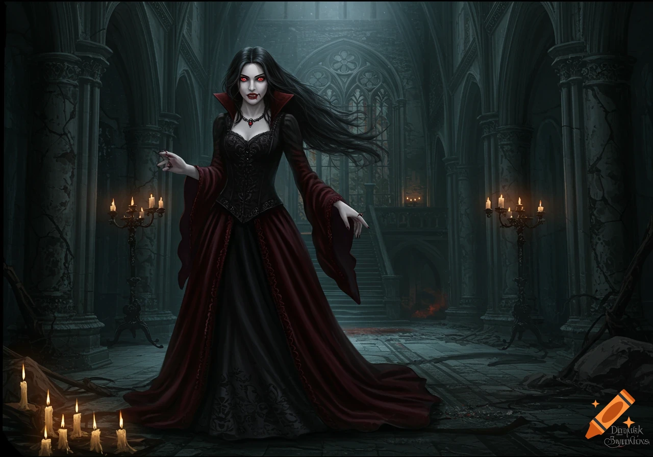 A gothic vampire woman stands in a dark, ruined castle interior.