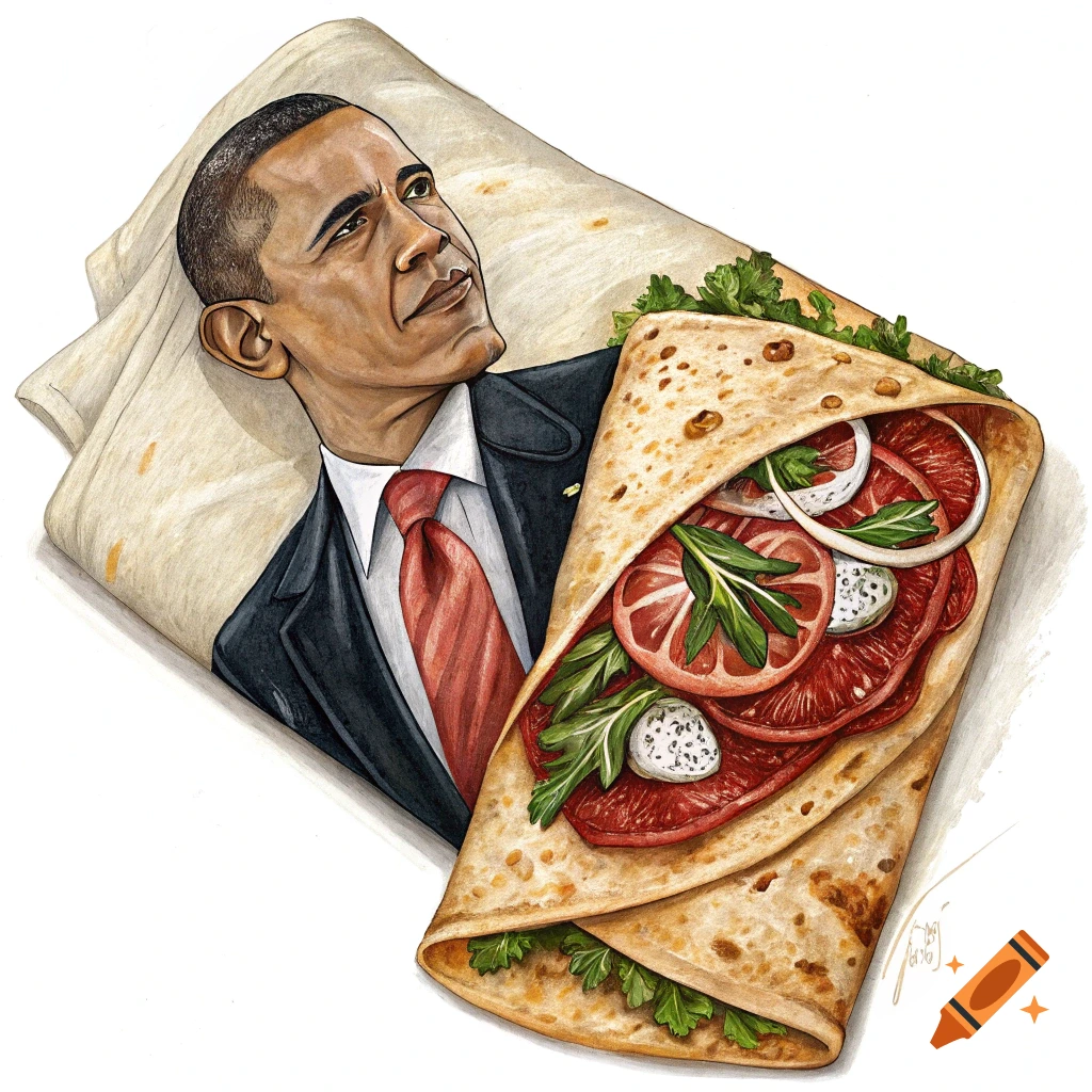 Illustration of Barack Obama's torso emerging from a wrap filled with meat, cheese, and vegetables.
