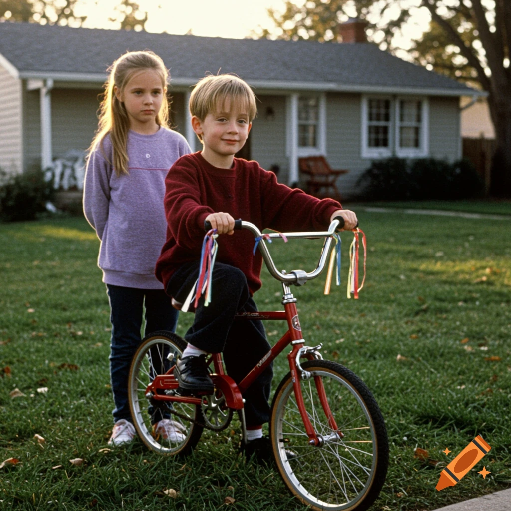 A young boy sits on a red bicycle in a yard, with a girl standing behind him. Photorealistic style.