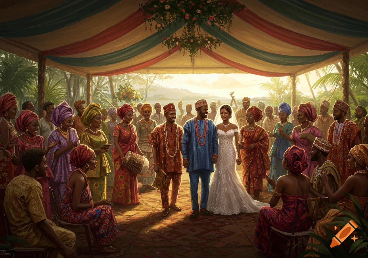 An African wedding ceremony under a tent, with a bride, groom, and guests in traditional attire.