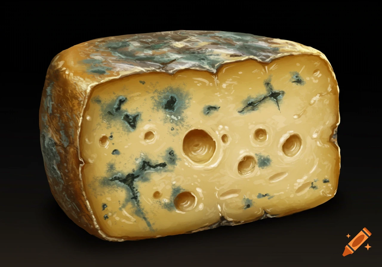 A wedge of blue cheese against a black background.