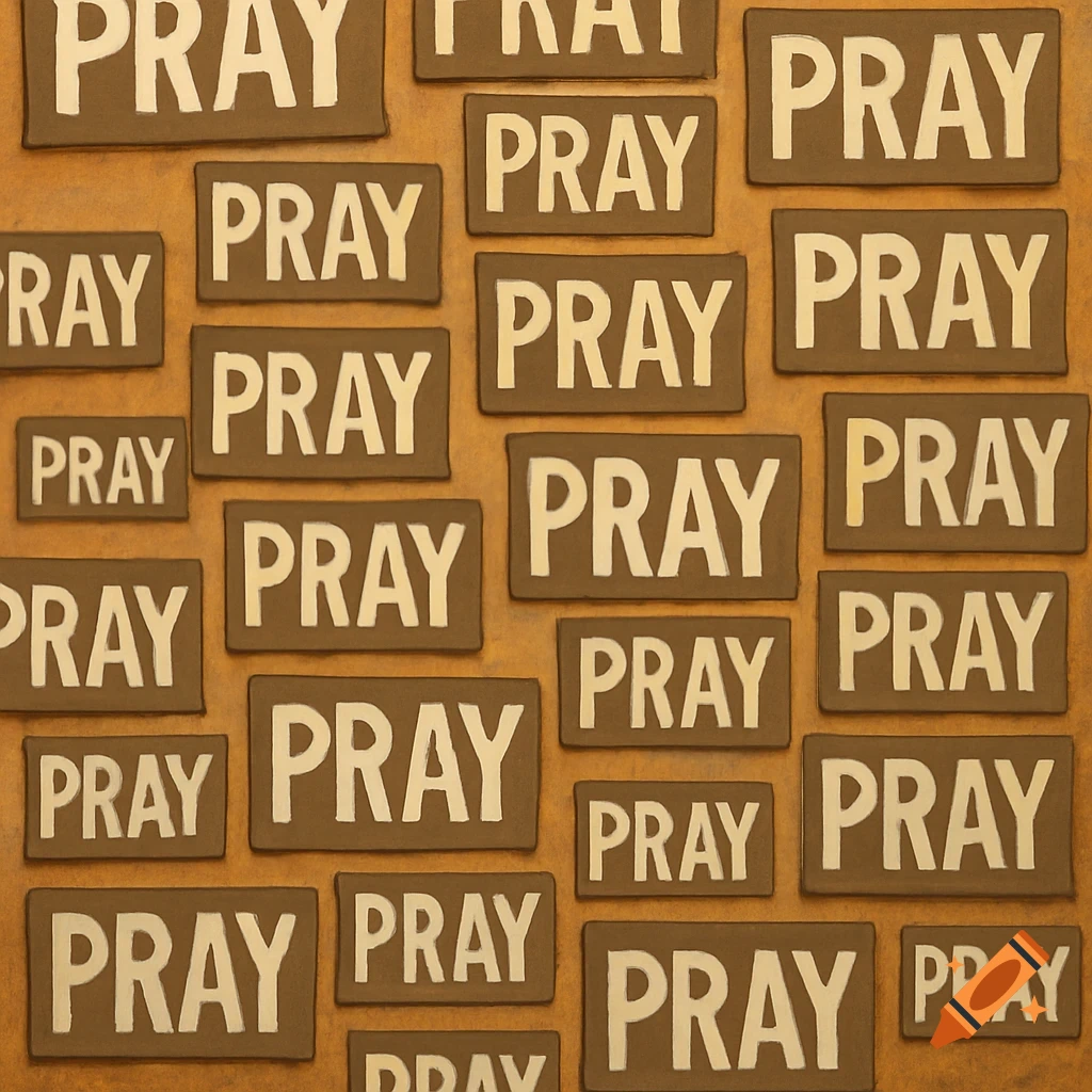 A grid pattern of brown signs, each embossed with the white word "PRAY".
