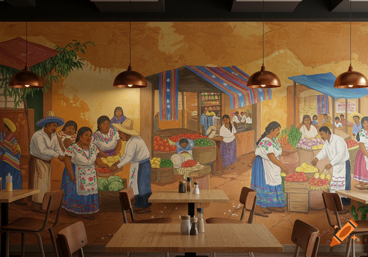 Mural of a bustling market scene with people selling produce on a restaurant wall.
