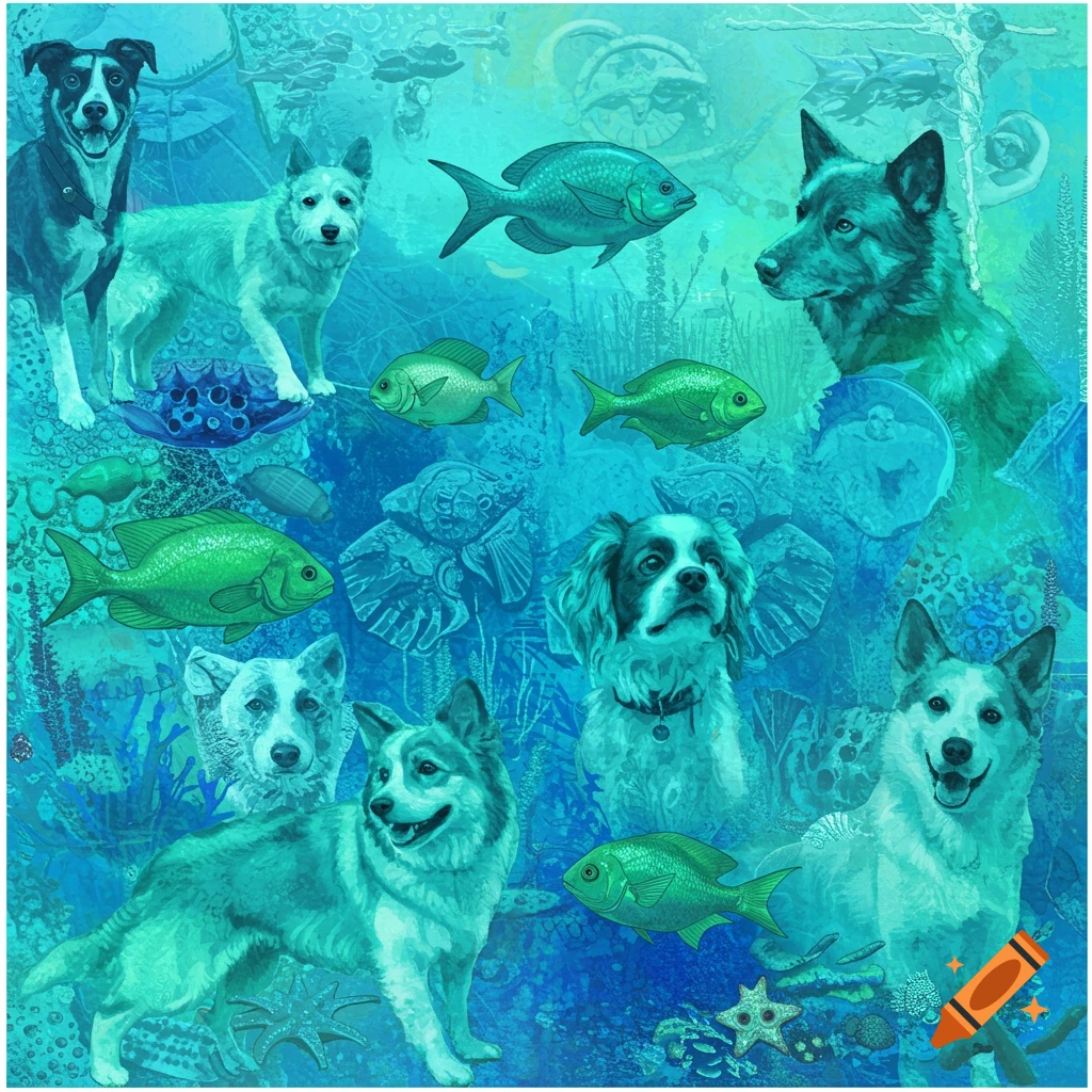 A collage of dogs and fish in an underwater scene with blue and green tones.