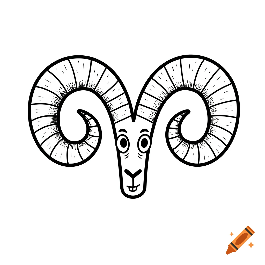 Black and white cartoon drawing of a ram's head with large, curled horns.
