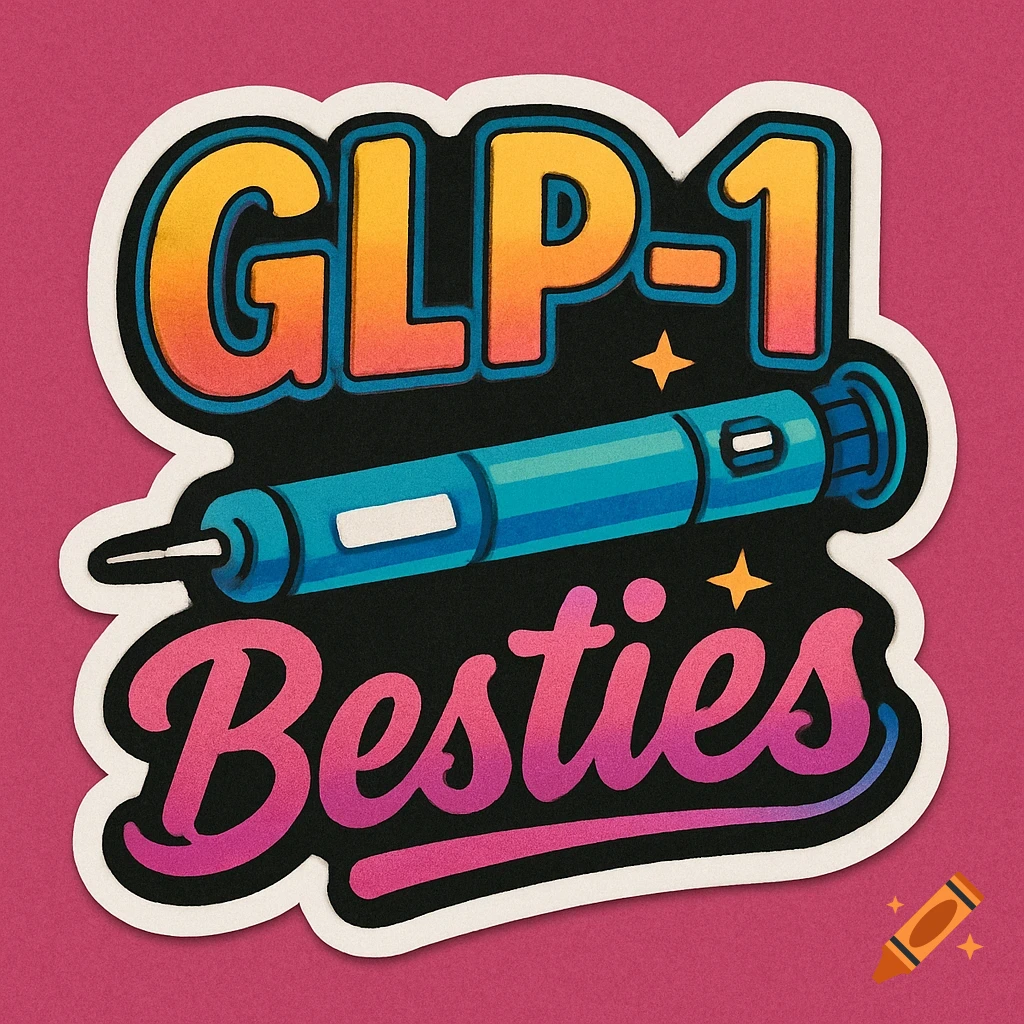 Vibrant sticker with GLP-1 Besties text and a blue medical pen illustration