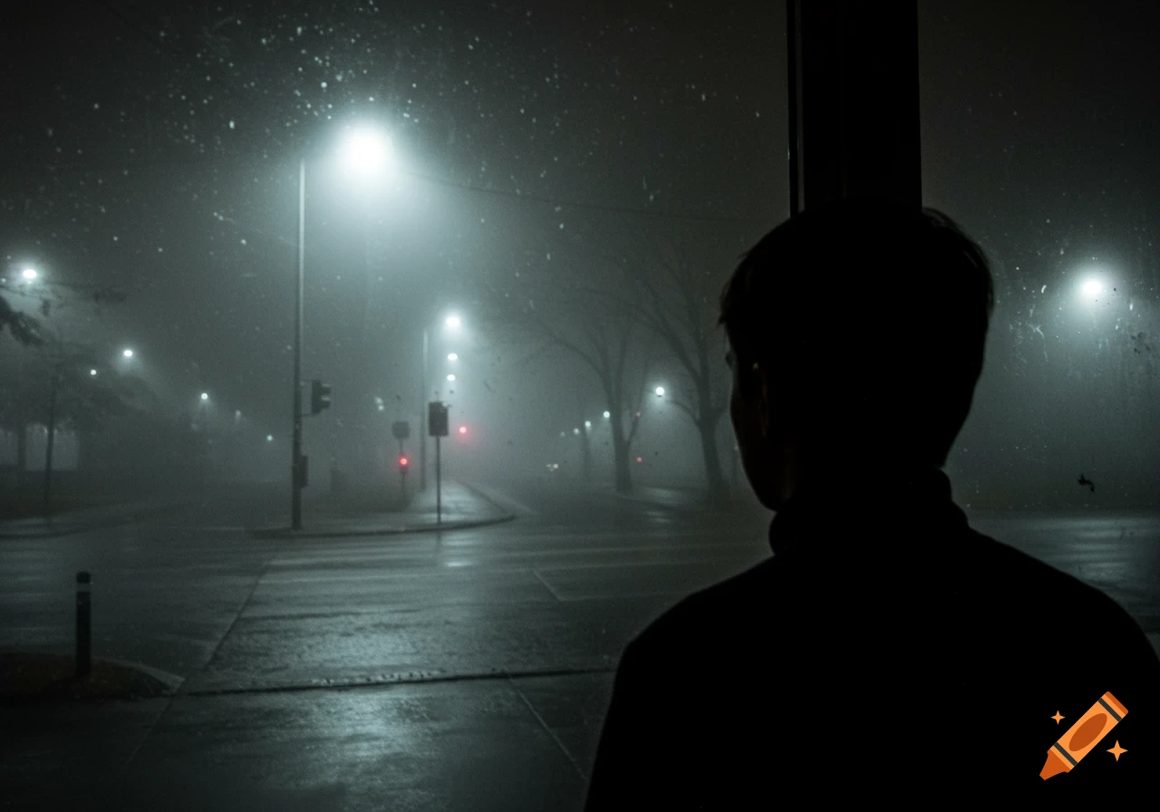 Silhouette of a person looking out a wet window at a foggy street at night with hazy lights.