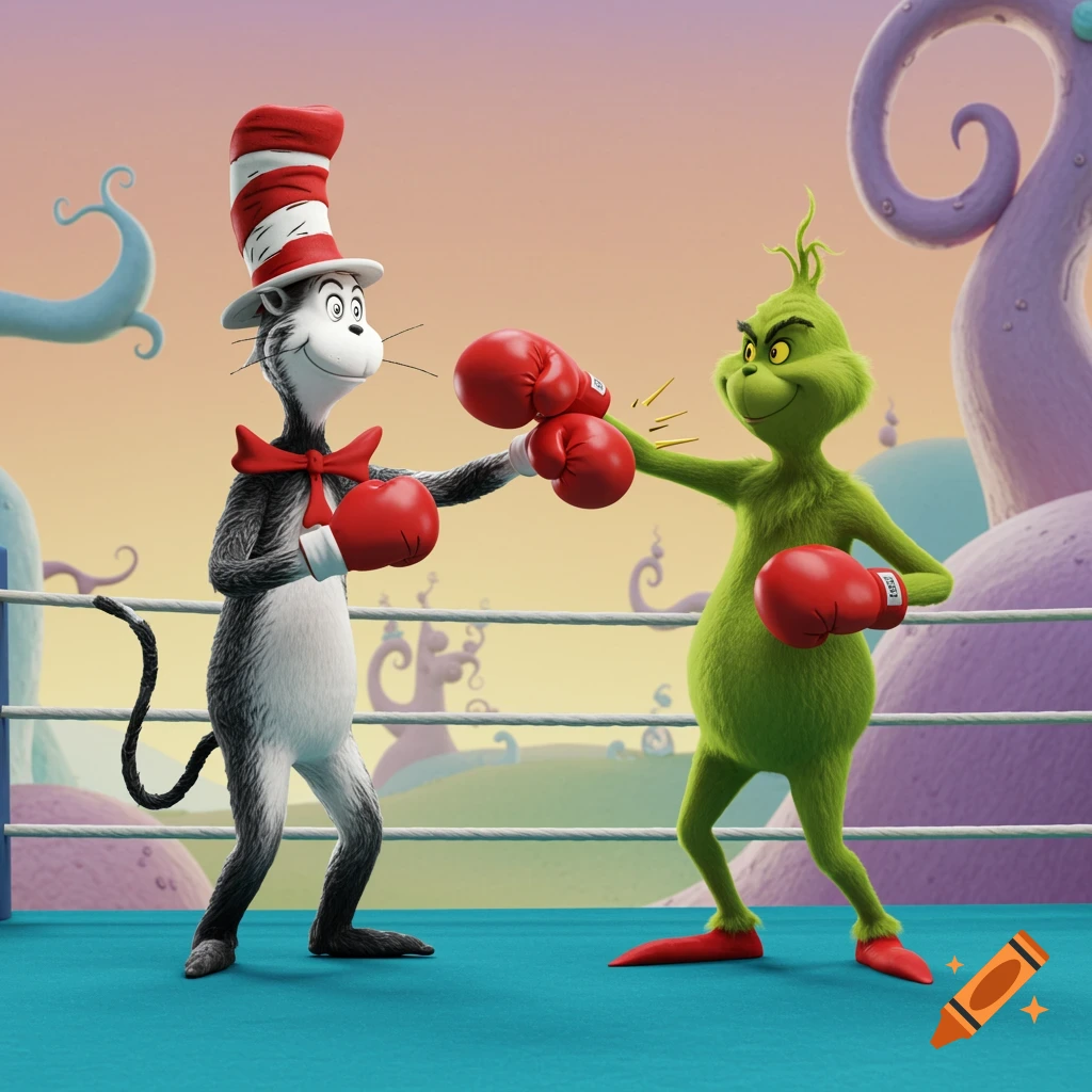 The Cat in the Hat boxes The Grinch in a ring in a cartoon 3D style.