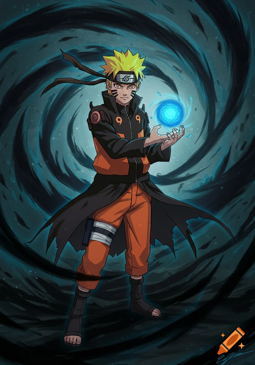 Anime character resembling Naruto holding a glowing blue orb with a dark swirling background.