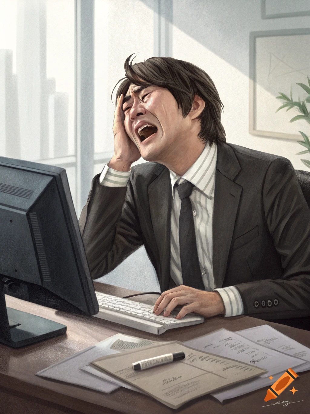 Man in a suit screaming and holding his head in his hands at an office desk with a computer and papers. Realistic illustration.
