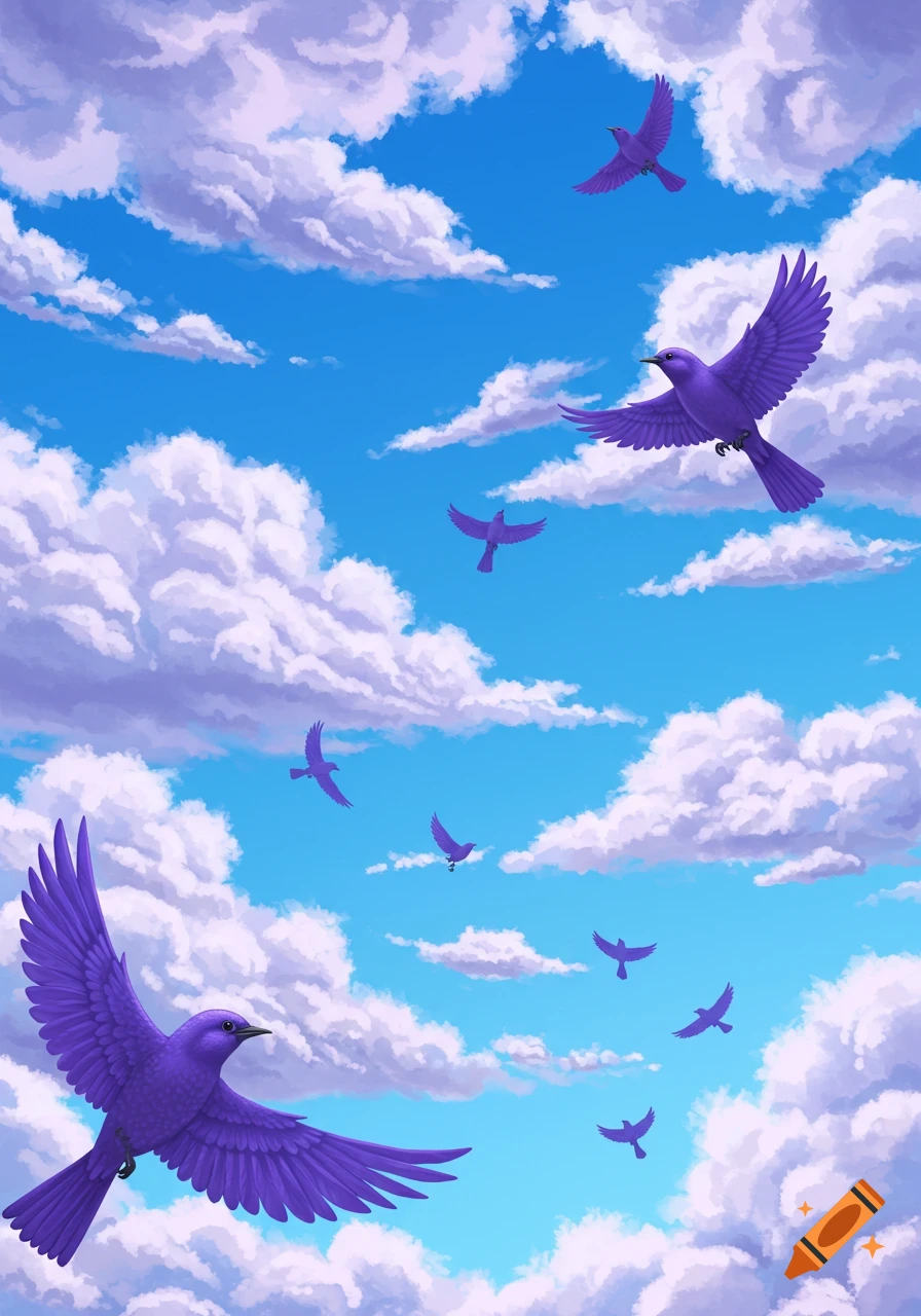 Purple cartoon birds fly upwards through a cloudy blue sky.