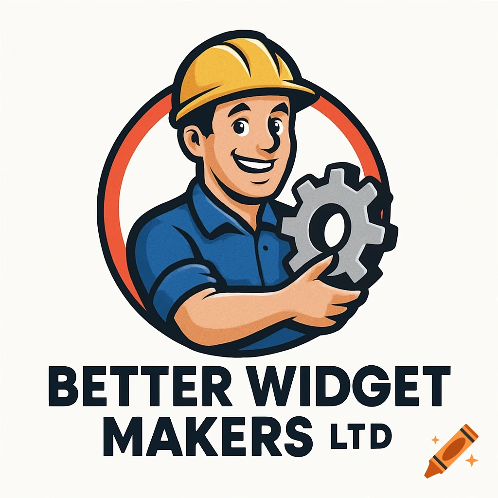 Logo of a cartoon worker in a hard hat holding a gear, with text 'Better Widget Makers Ltd' below.