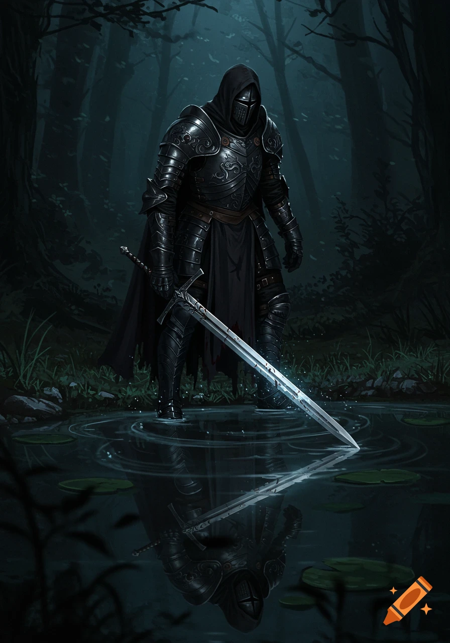 Dark knight in black armor stands in a forest pond with his sword tip touching the water, his reflection visible.