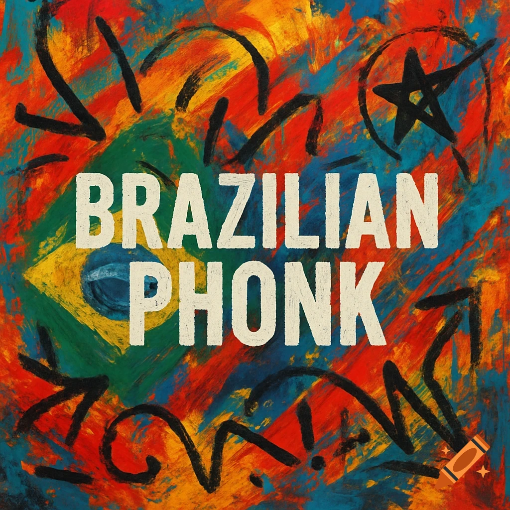 Abstract painting album cover with bold brushstrokes, colors, stylized Brazilian flag, and text 'BRAZILIAN PHONK'