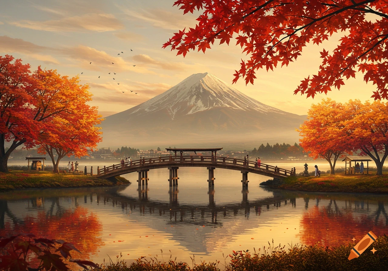 Mount Fuji behind a lake and arched bridge with people, surrounded by vibrant red and orange autumn trees.