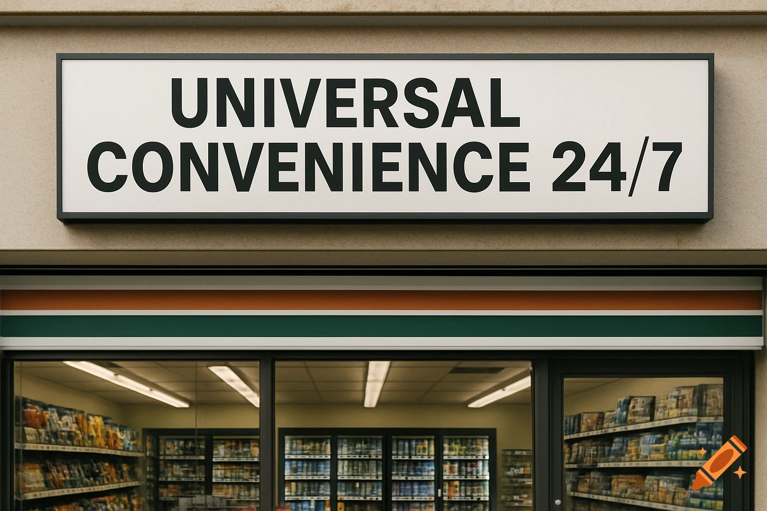 A convenience store with a sign reading "Universal Convenience 24/7"