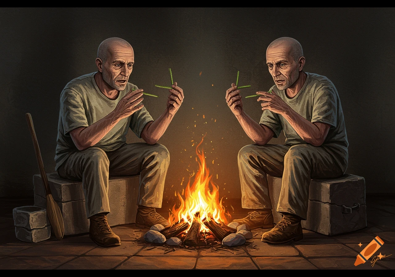 Illustration of two men sitting by a campfire, each holding green stick shapes.
