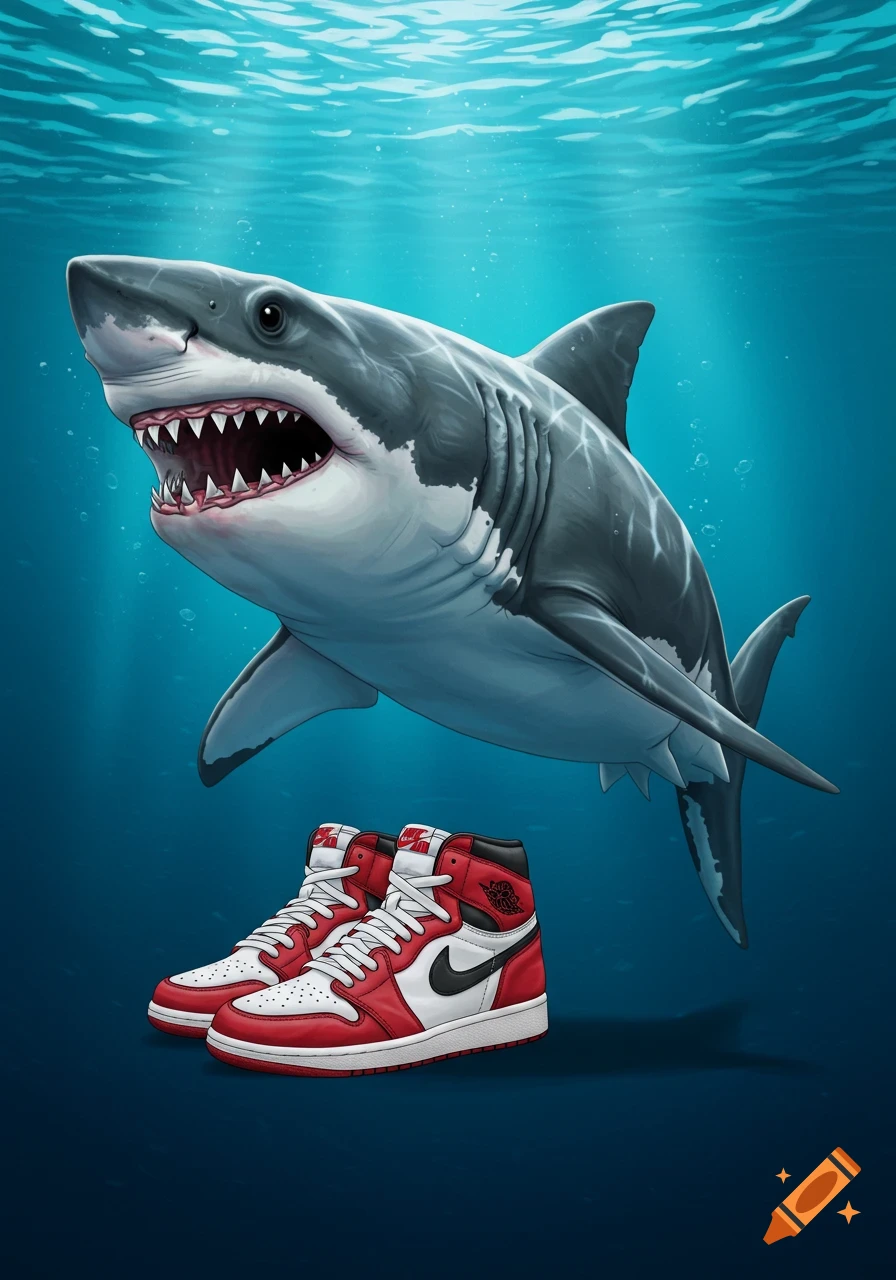 An illustration of a shark swimming underwater next to a pair of red and white sneakers.