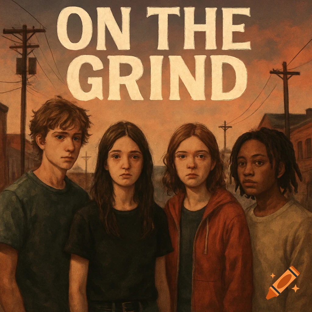 Four teenagers stand in an urban setting under text 'ON THE GRIND'.