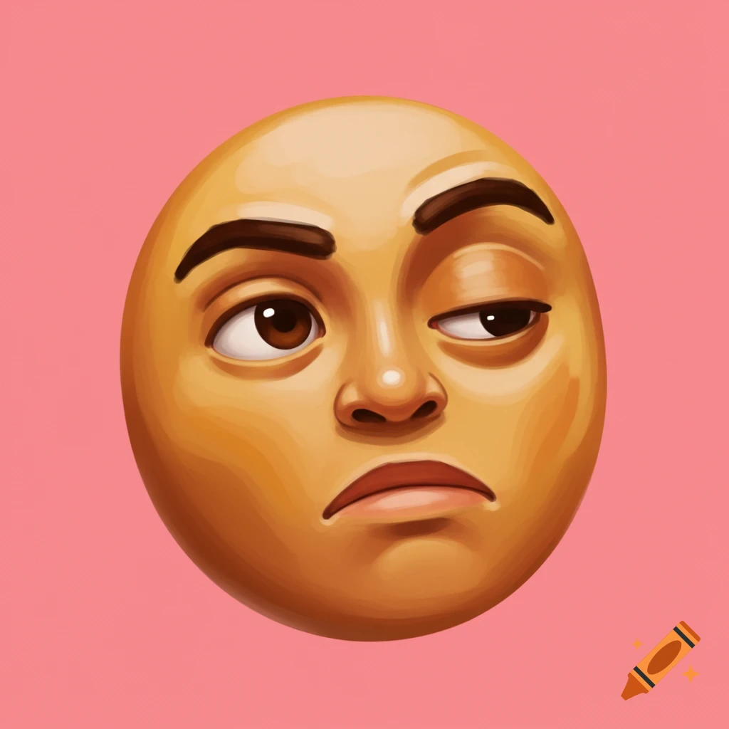 Illustration of a yellow emoji face with a side eye expression on a pink background.