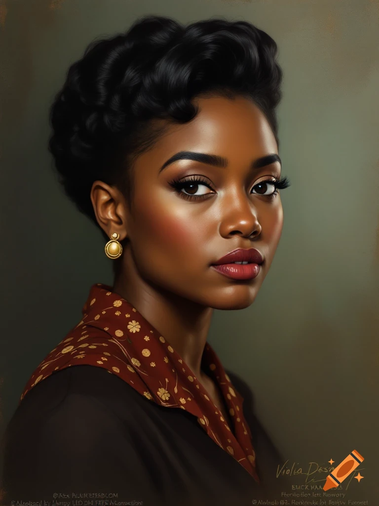 Close-up portrait of a Black woman with vintage hairstyle and patterned shirt looking at the viewer.