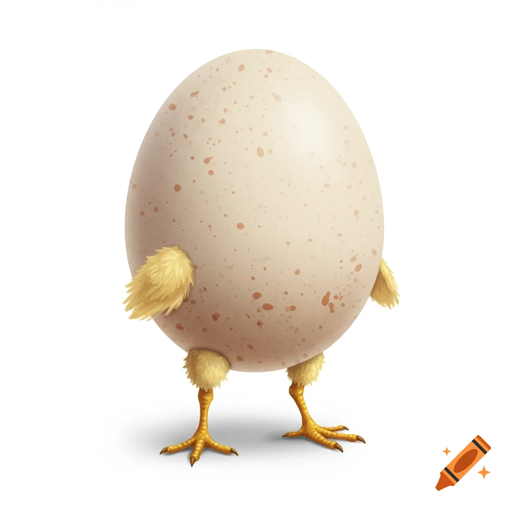 A speckled egg stands upright on chicken legs with fluffy yellow feathers.