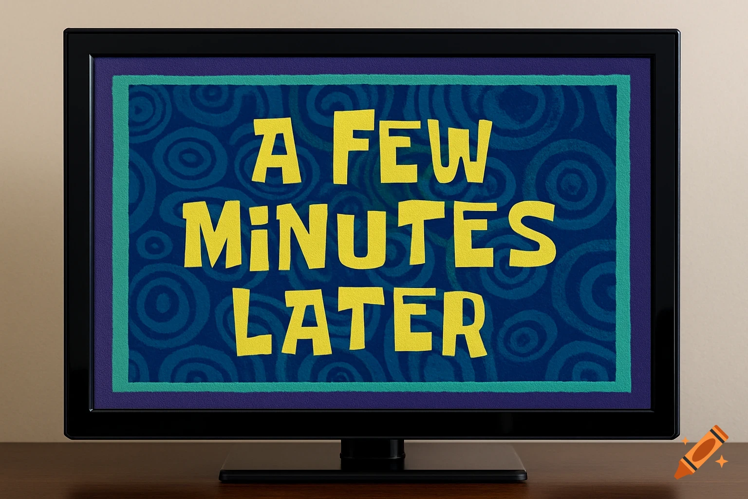 A television screen displays a yellow 'A FEW MINUTES LATER' time card over a blue patterned background.