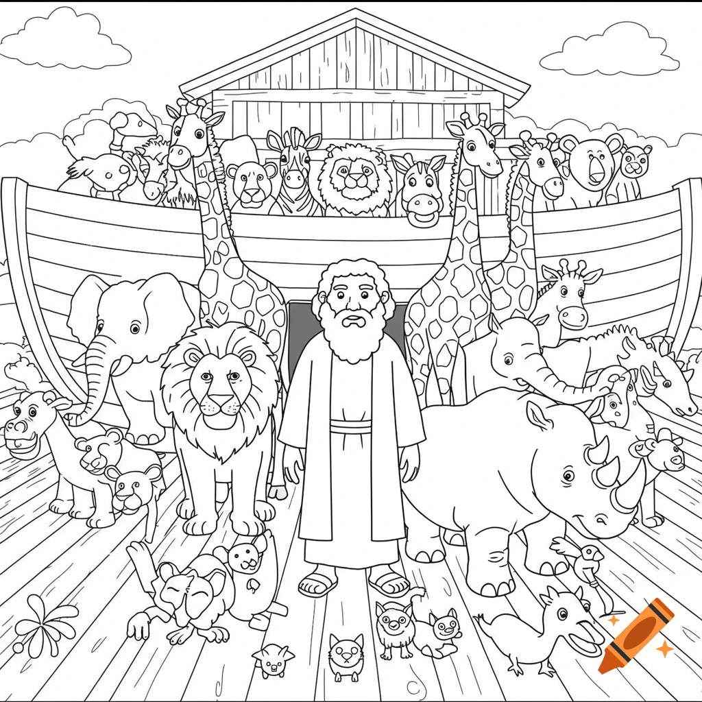 Black and white coloring book image of Noah standing on the ark with various animals.
