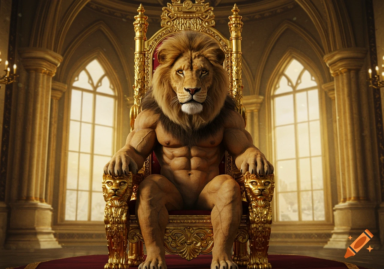 A muscular lion sits on a golden throne in a grand castle hall.