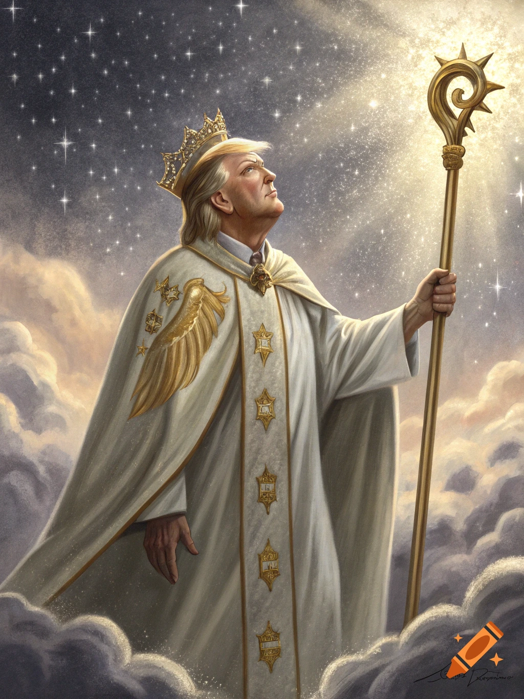 A stylized portrait of Donald Trump wearing a crown and cape, holding a staff, bathed in light among clouds and stars.