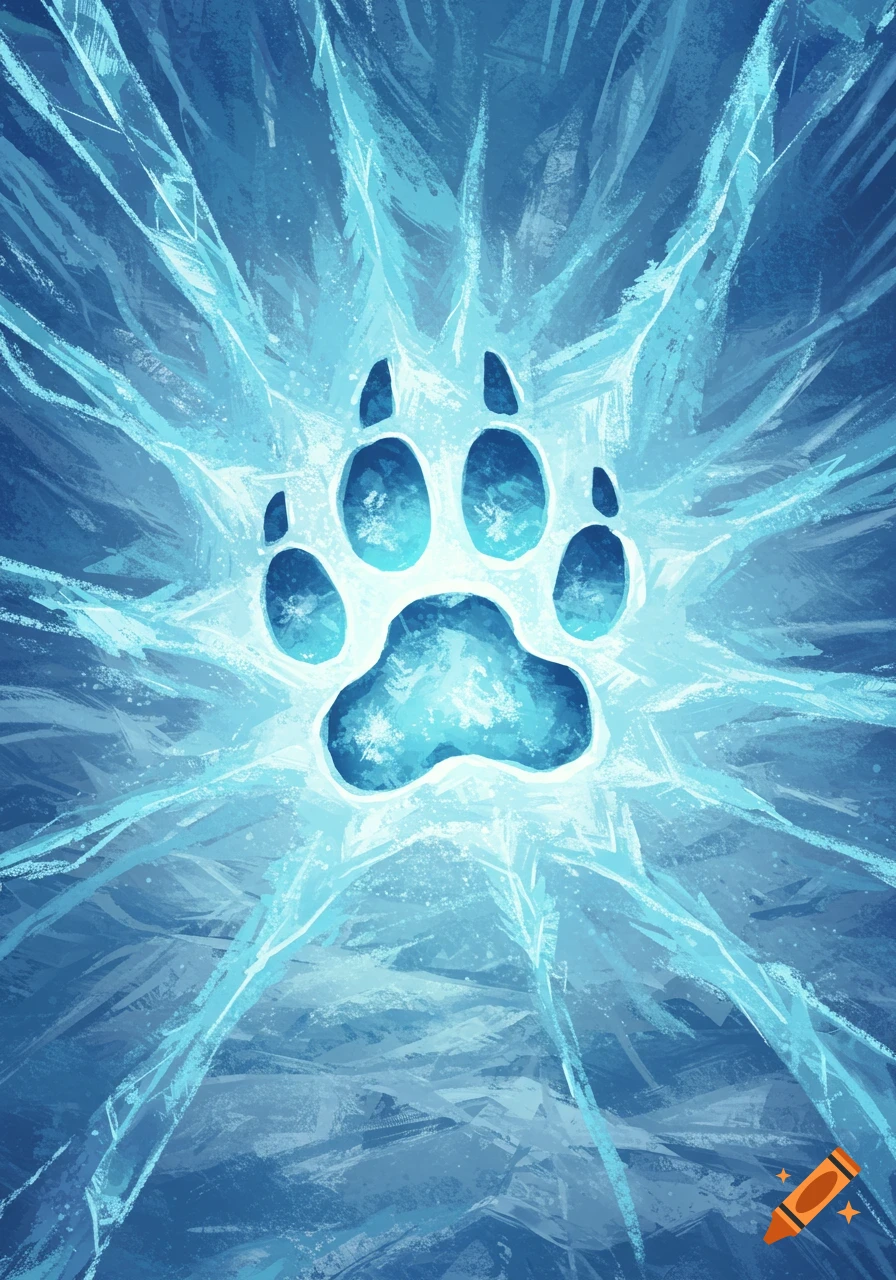 A bright blue paw print surrounded by spreading ice and frost