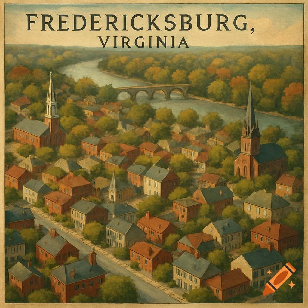 Vintage illustration of Fredericksburg, Virginia from above