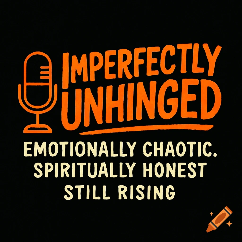 Podcast logo with orange text "Imperfectly Unhinged" above white text "Emotionally chaotic. Spiritually honest Still Rising" next to an orange microphone icon on a black background.