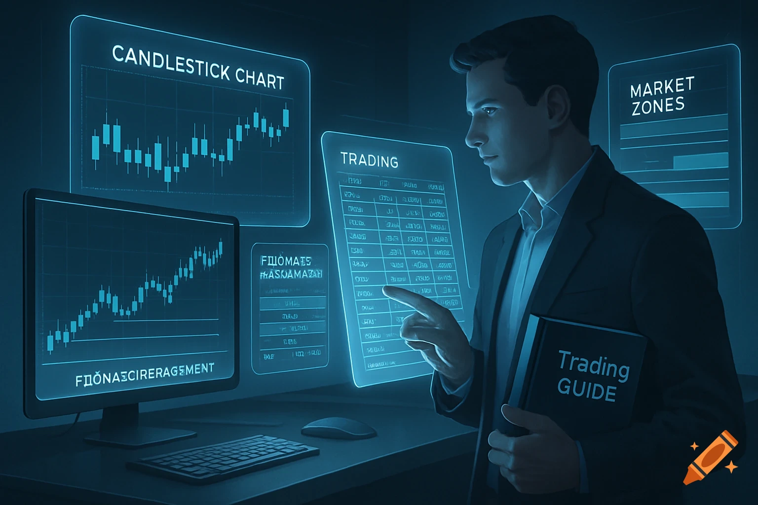 Man looks at futuristic trading screens displaying charts and data, holding a Trading Guide book.
