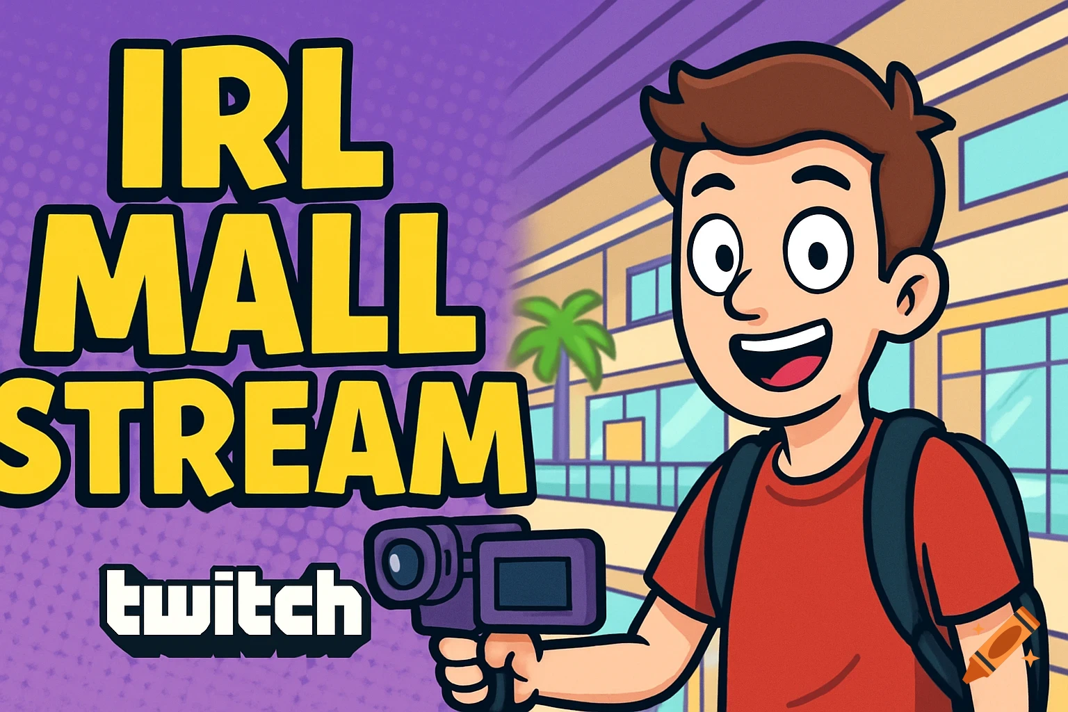 Cartoon thumbnail for a Twitch stream titled 'IRL MALL STREAM'. Features a young man with a camera in front of a mall.