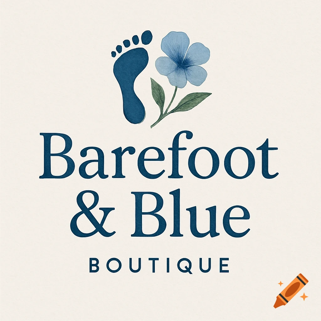 Logo with a blue footprint and flower above blue text reading Barefoot & Blue BOUTIQUE.
