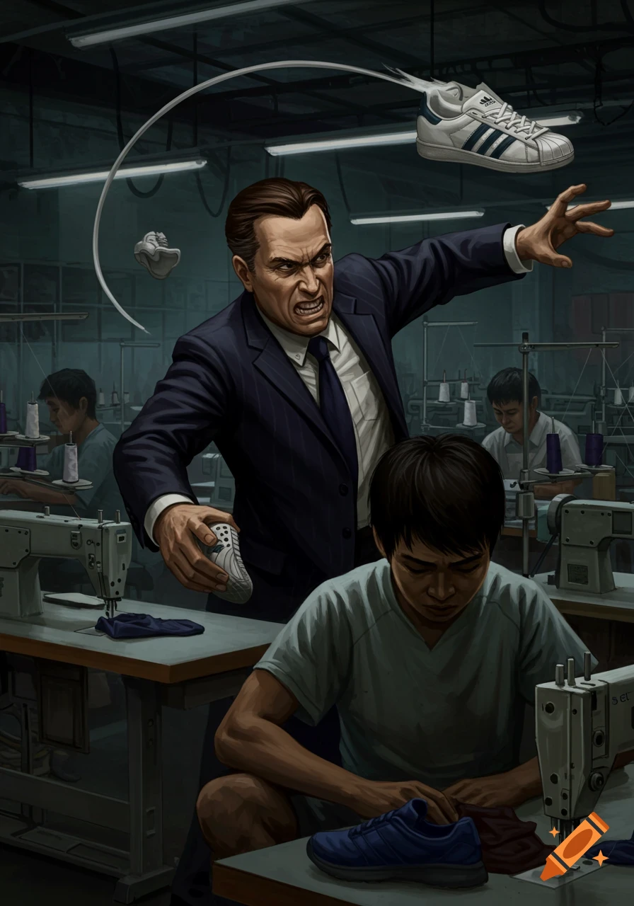 An angry man in a suit throws a shoe at a worker in a factory setting. Illustration.