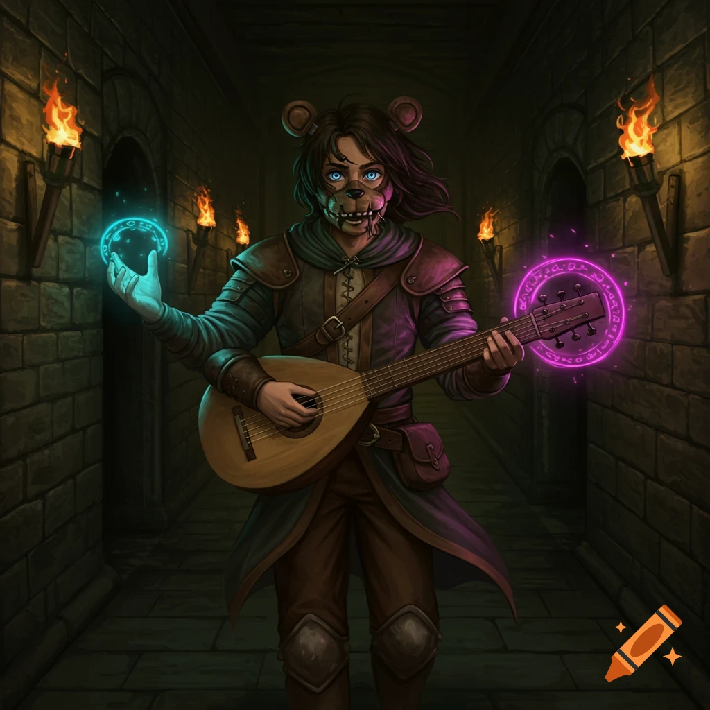 A dnd bard in a bear mask playing a lute and casting a spell in a dark dungeon hallway.