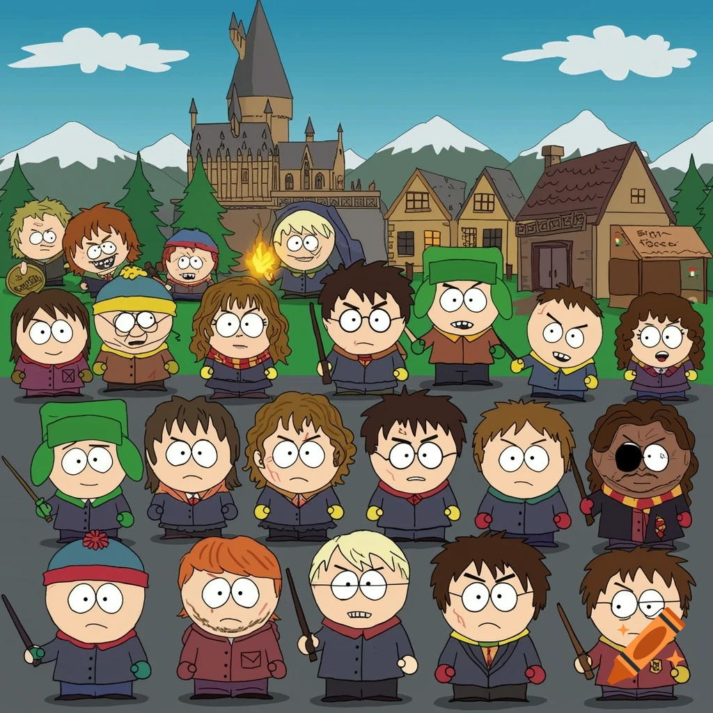 South Park style characters dressed as Harry Potter characters stand in front of Hogwarts.