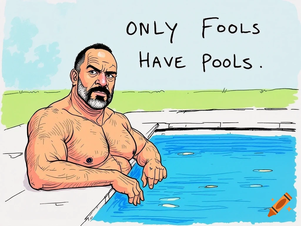 Cartoon illustration of a muscular man by a pool with text