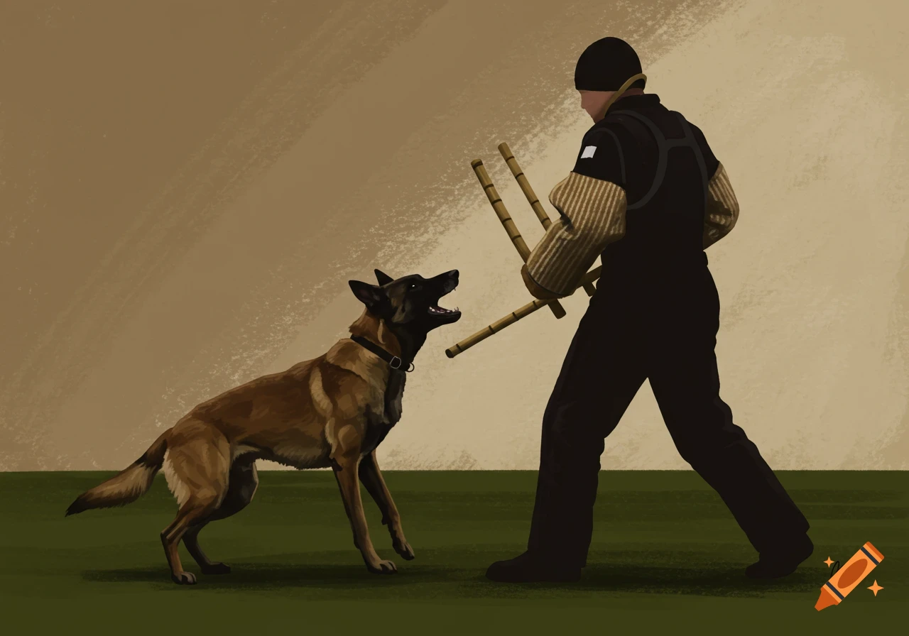 Illustration of a Belgian Malinois barking at a person in training gear holding sticks.
