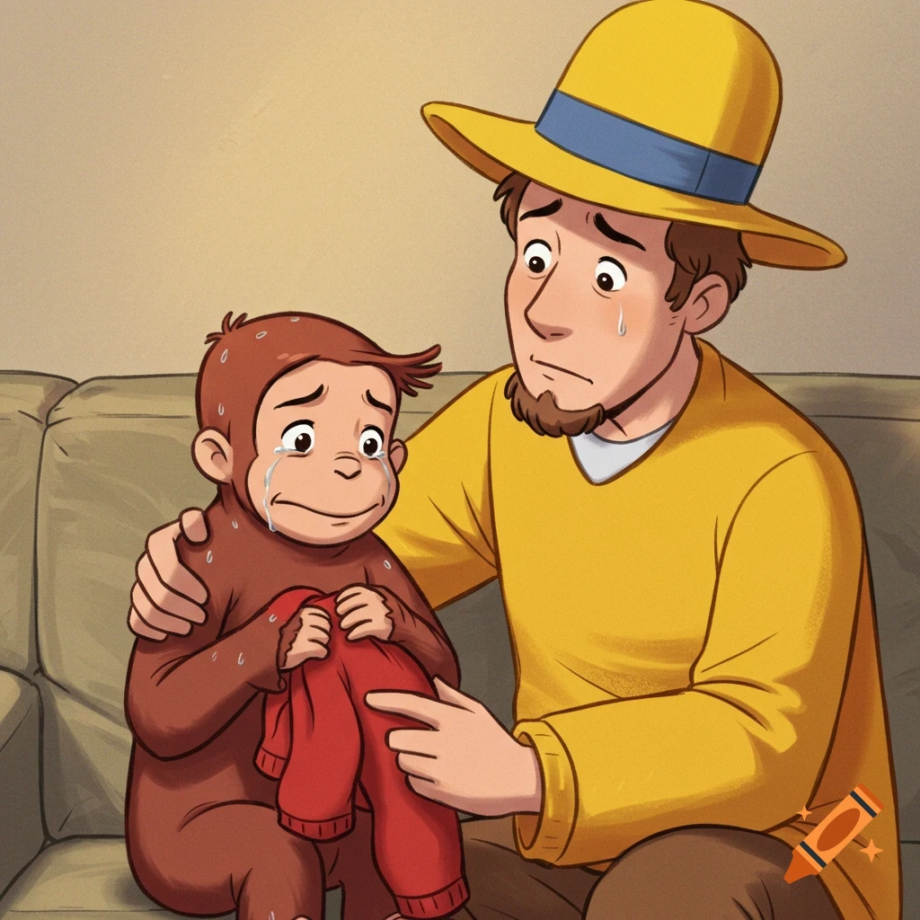 Curious George crying next to the Man with the Yellow Hat on a couch.