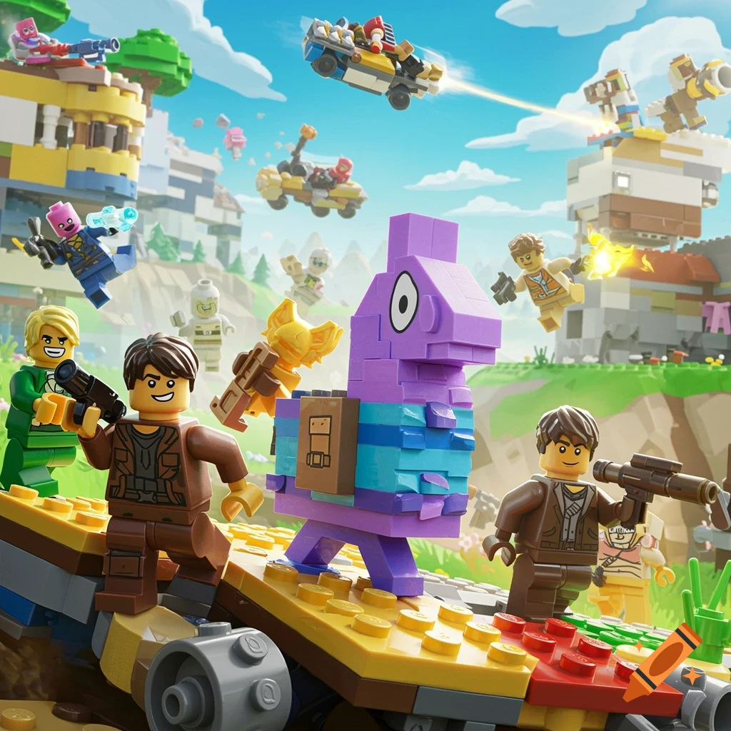Lego Fortnite figures battling with vehicles and a llama in a detailed scene.